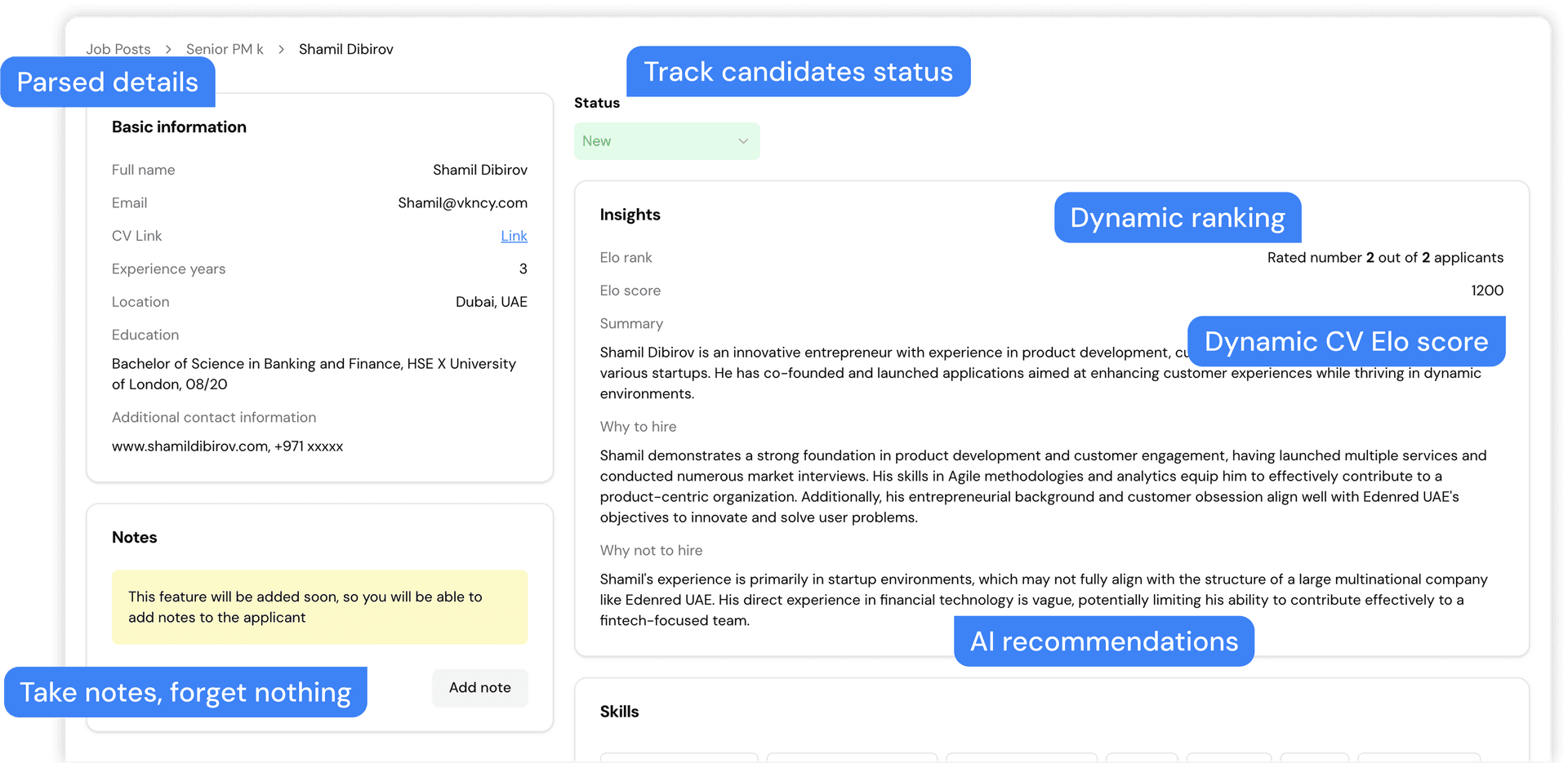 Screenshot of AI-parsed CV details in vkncy